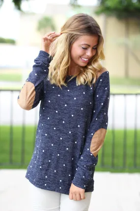 Navy Polka Dot Top with Elbow Patches