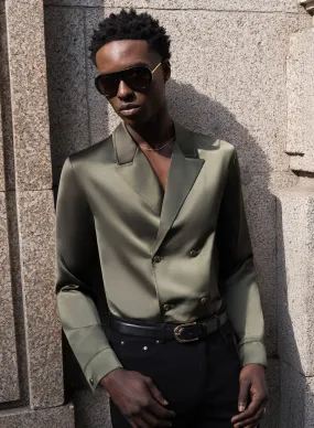 Olive Green Double Breasted Brass Button Satin Shirt