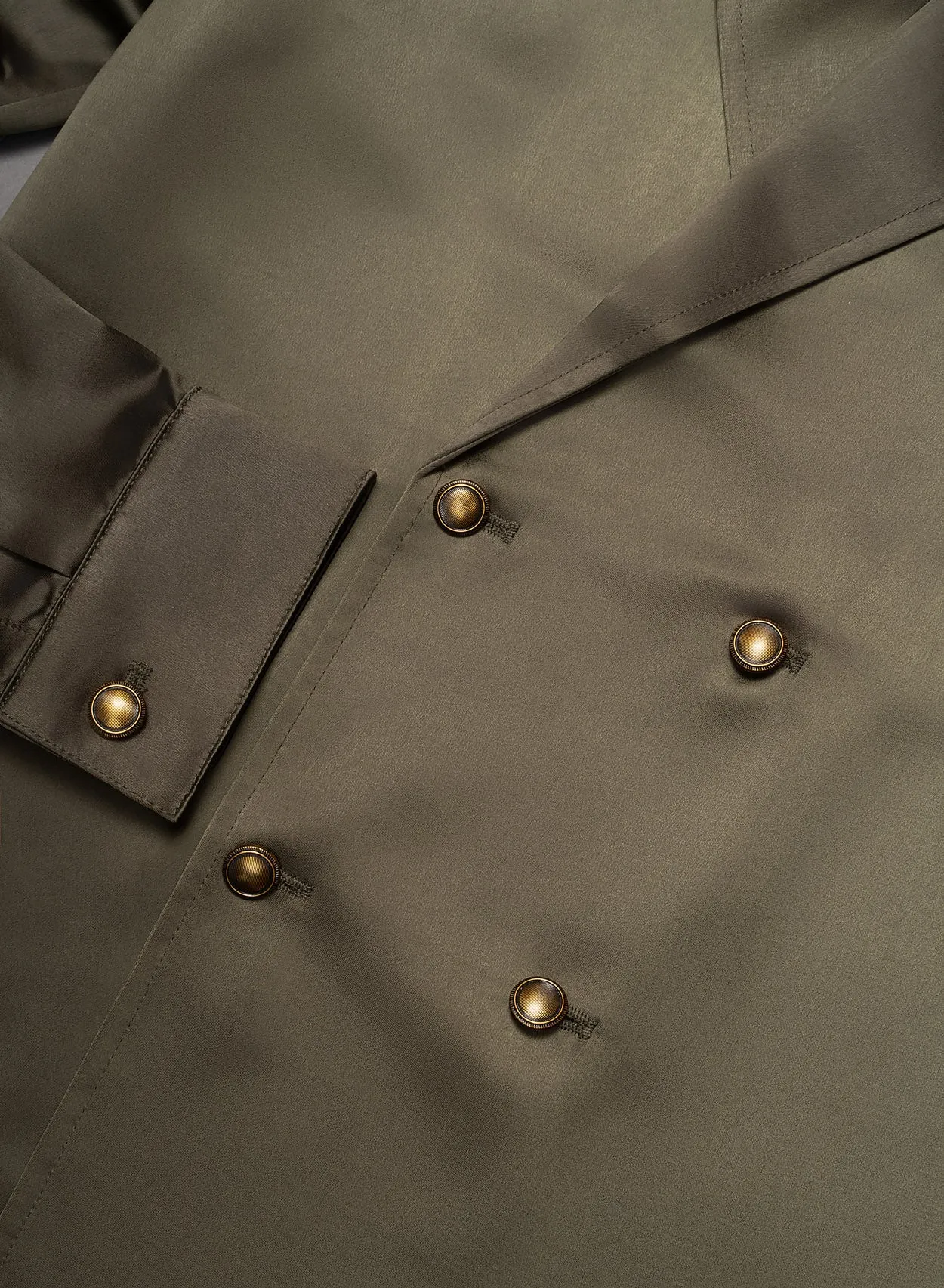 Olive Green Double Breasted Brass Button Satin Shirt