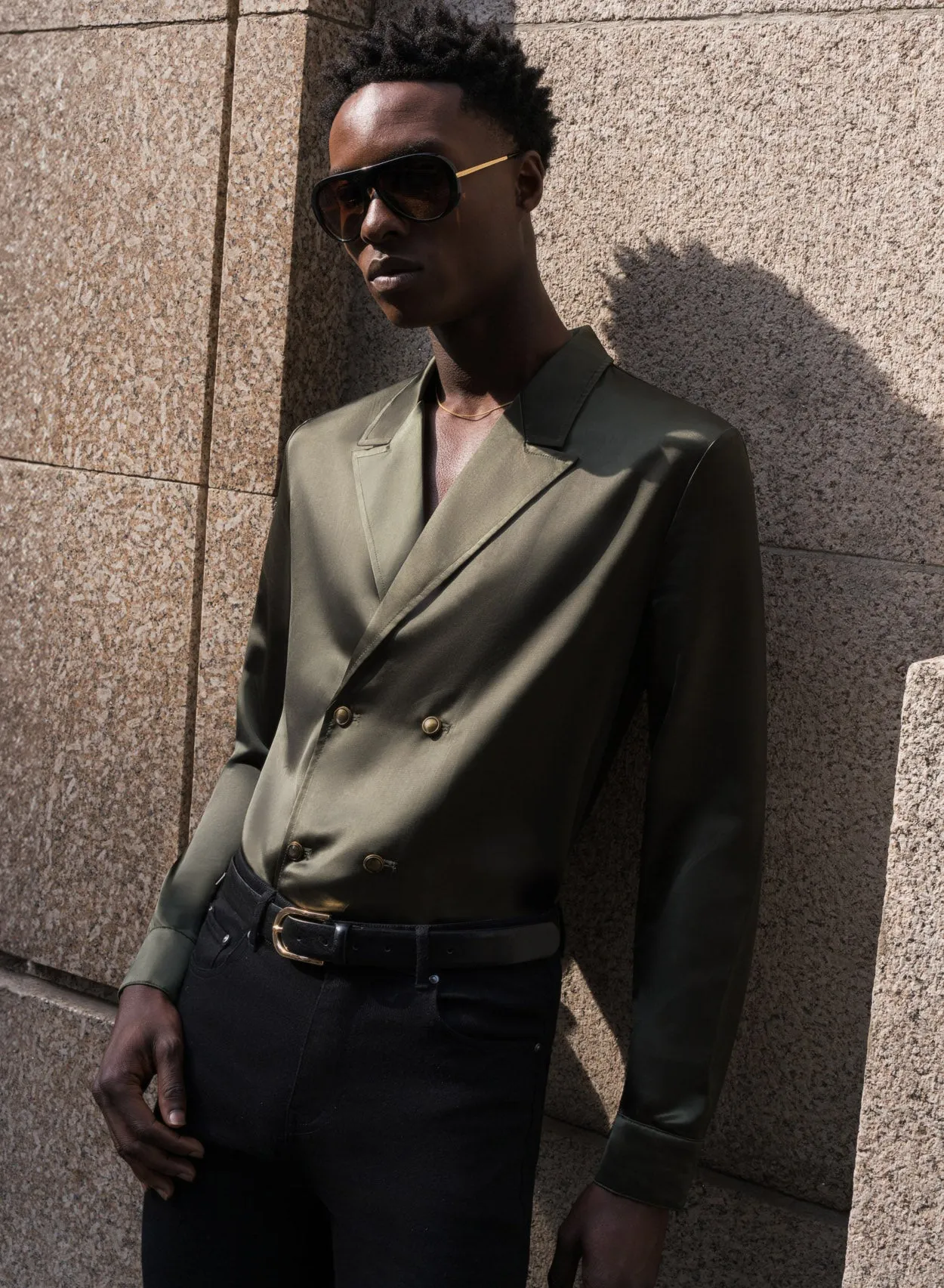 Olive Green Double Breasted Brass Button Satin Shirt