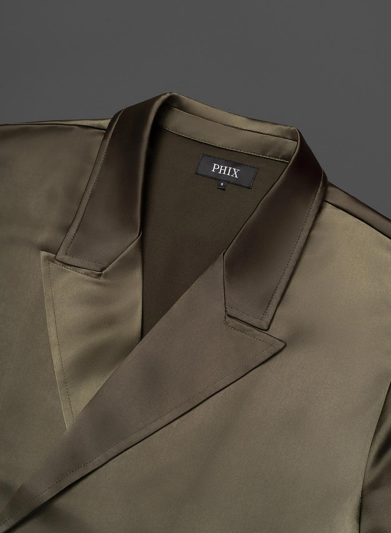 Olive Green Double Breasted Brass Button Satin Shirt