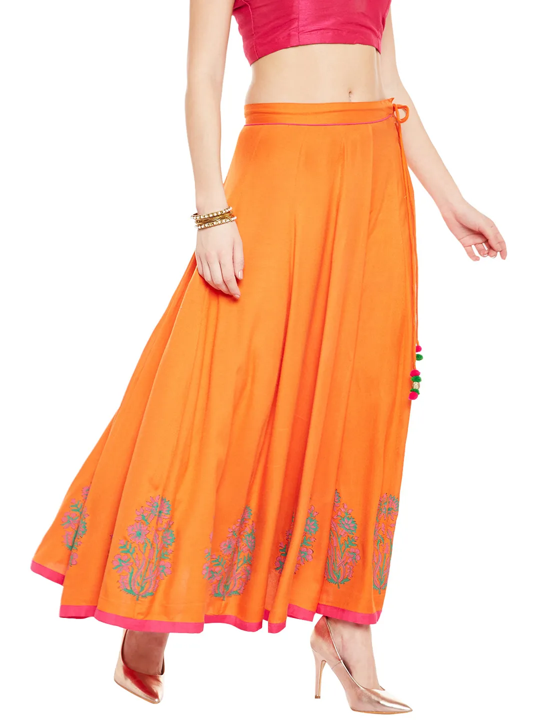 Orange Block Print Kalidar Skirt (Sku-BLMD12768)