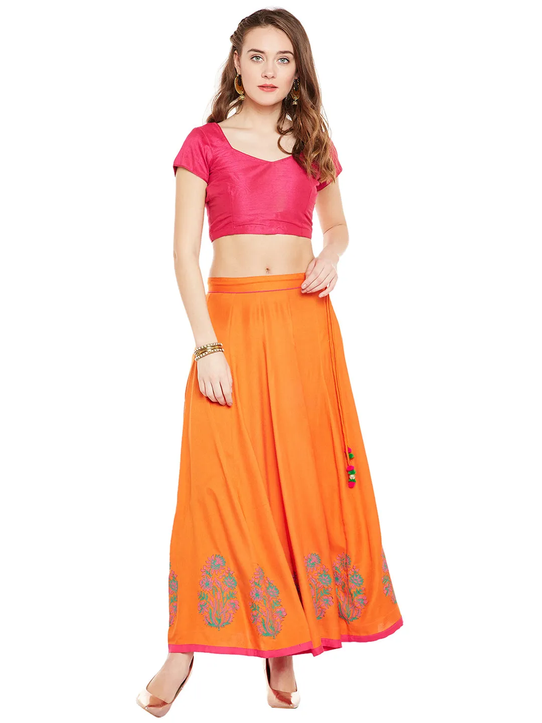 Orange Block Print Kalidar Skirt (Sku-BLMD12768)