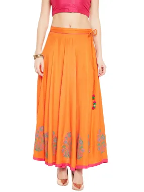 Orange Block Print Kalidar Skirt (Sku-BLMD12768)