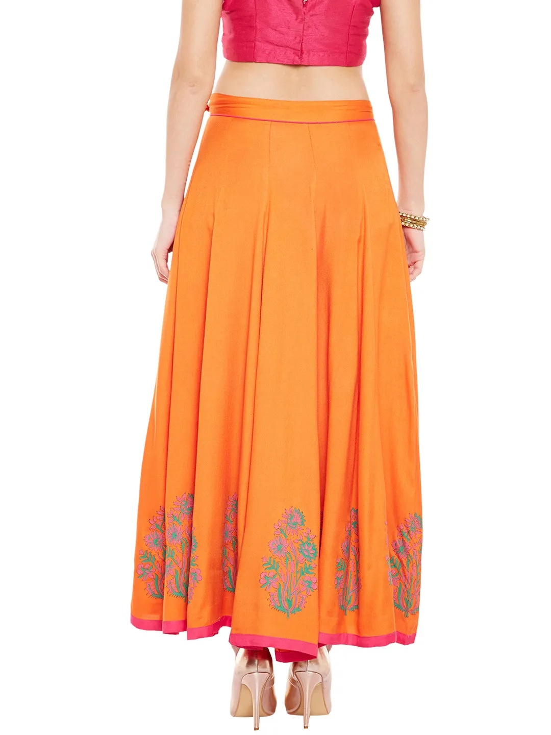 Orange Block Print Kalidar Skirt (Sku-BLMD12768)