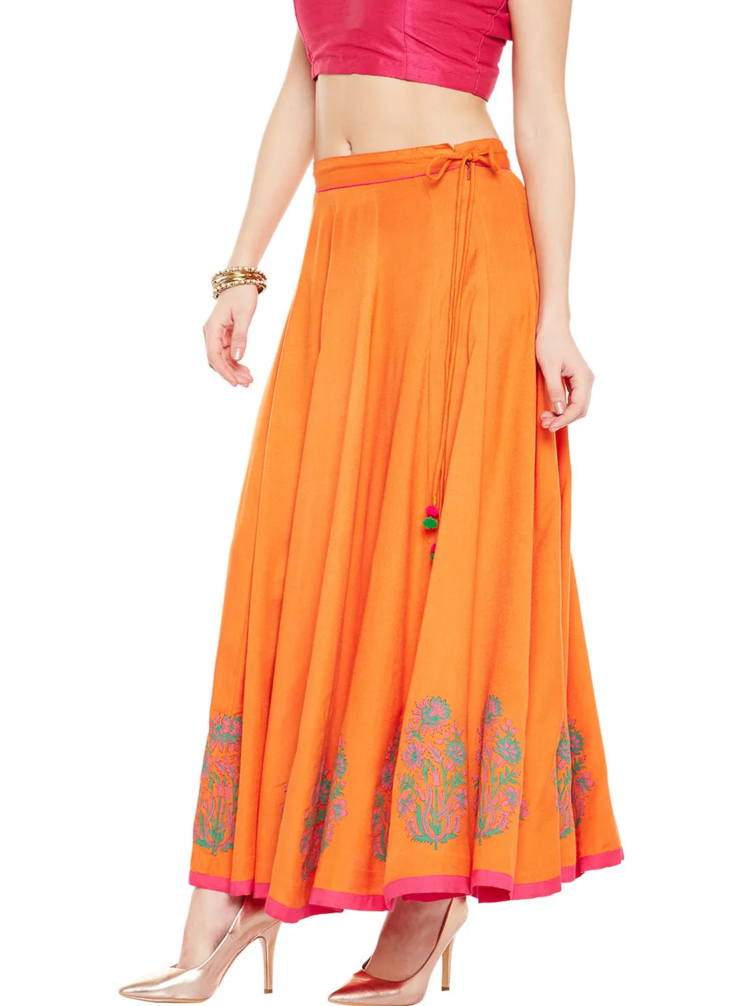 Orange Block Print Kalidar Skirt (Sku-BLMD12768)