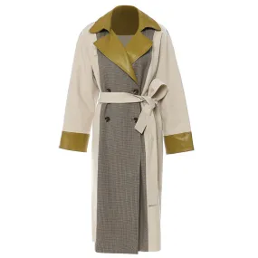 Patchwork Mid Calf Double Breasted Trench Coat