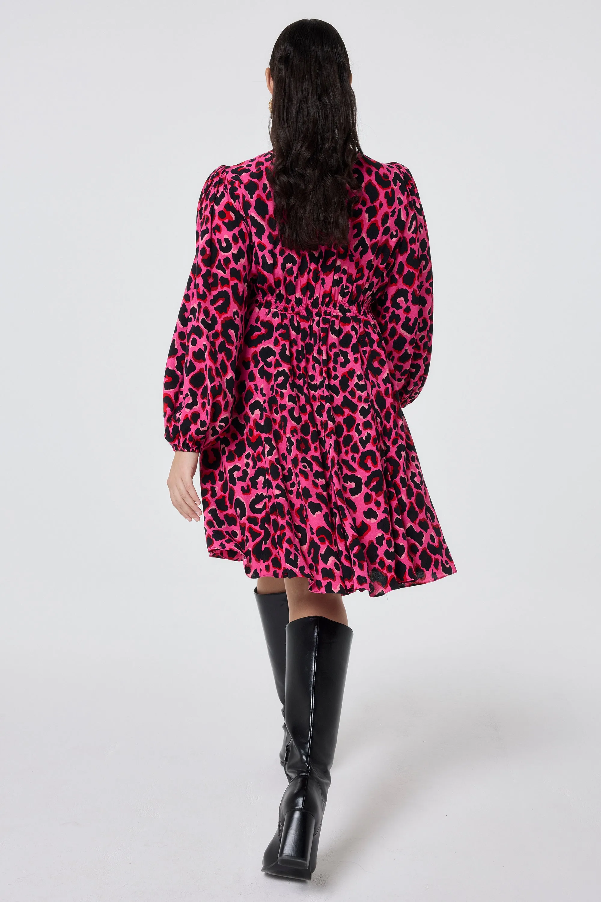 Pink with Red and Black Pop Leopard Blouson Sleeve Godet Short Dress