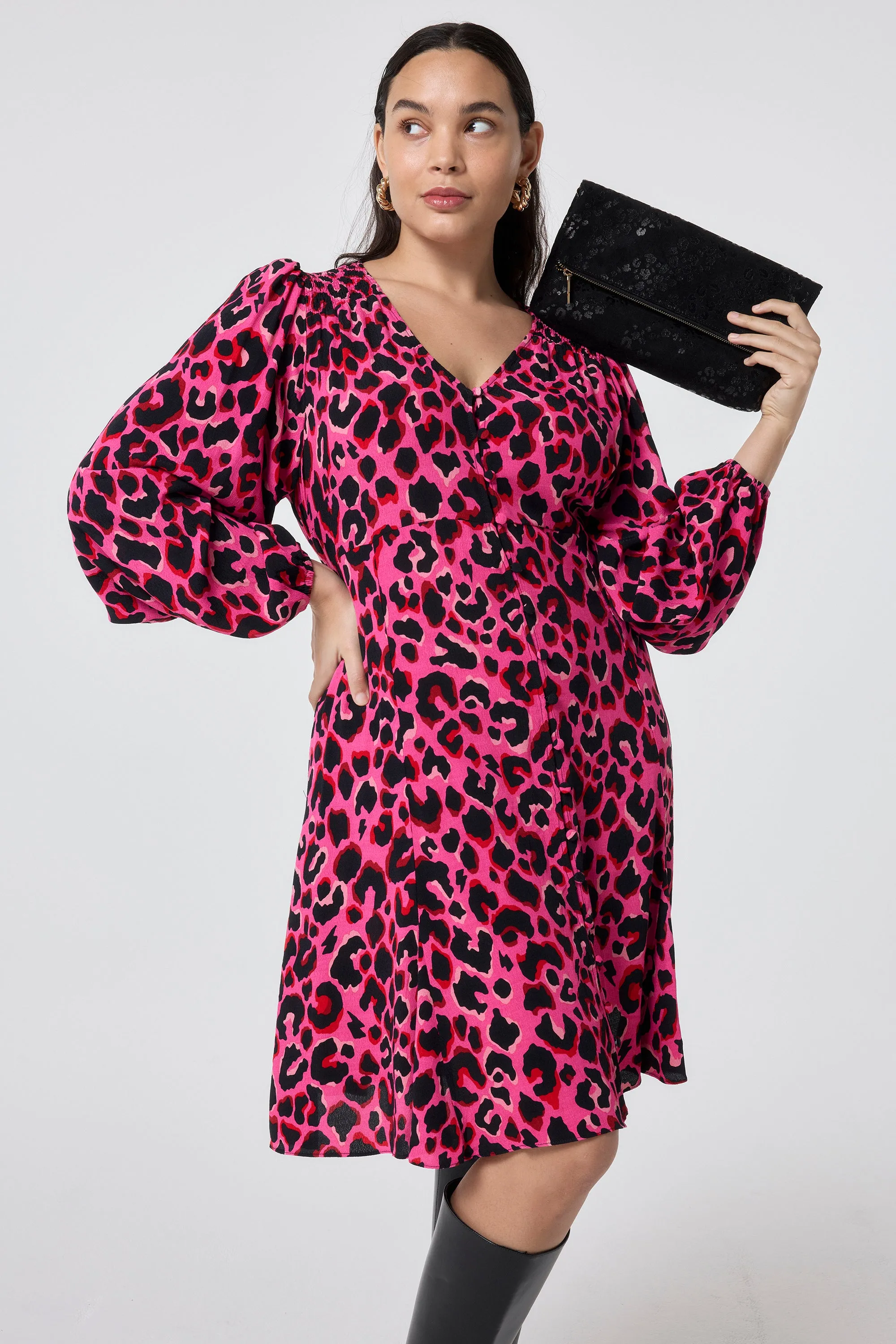 Pink with Red and Black Pop Leopard Blouson Sleeve Godet Short Dress