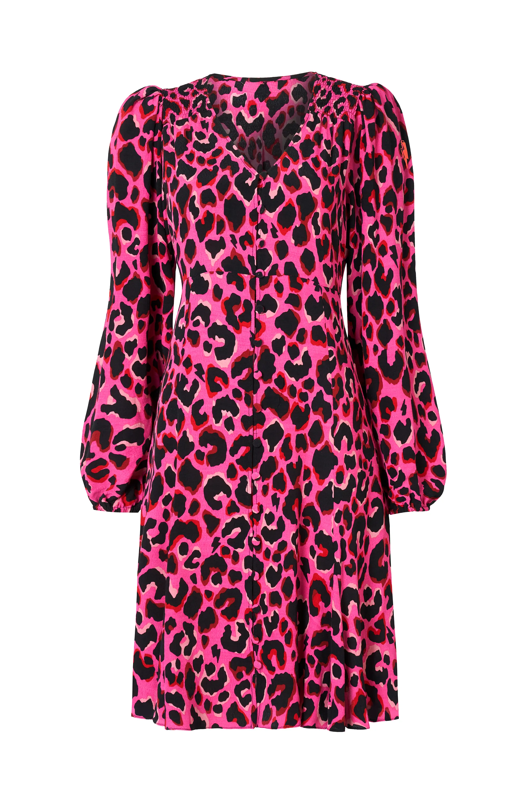 Pink with Red and Black Pop Leopard Blouson Sleeve Godet Short Dress