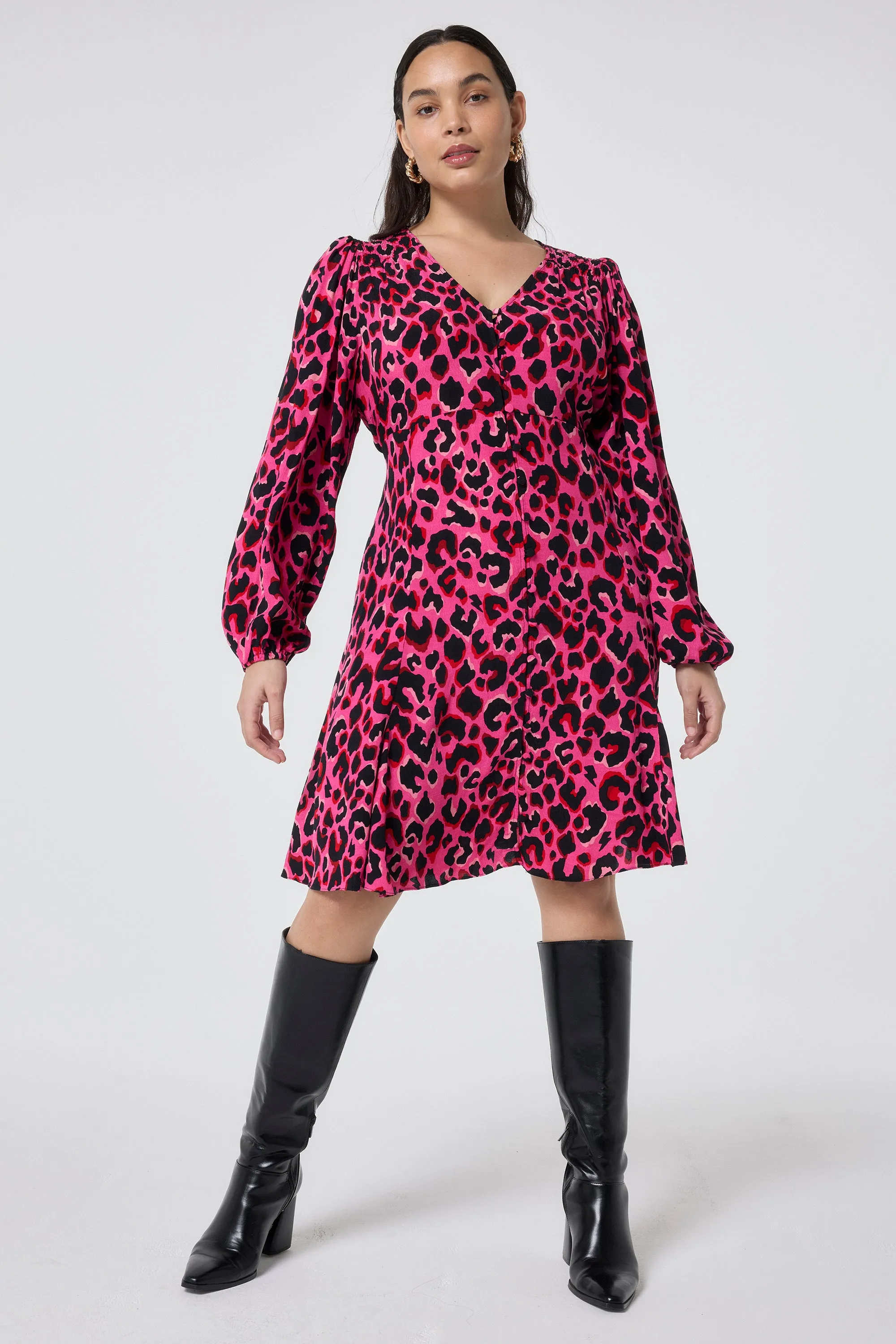 Pink with Red and Black Pop Leopard Blouson Sleeve Godet Short Dress