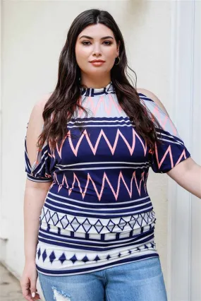 Plus Size Navy/Multi Open Shoulder Short Sleeve Blouse