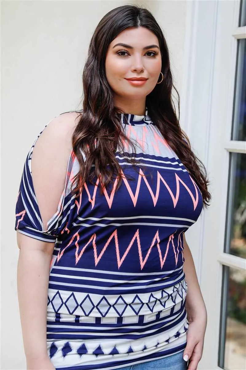 Plus Size Navy/Multi Open Shoulder Short Sleeve Blouse