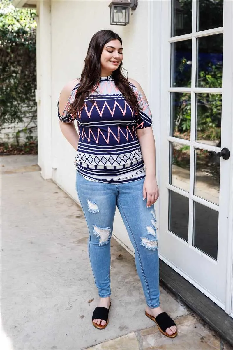 Plus Size Navy/Multi Open Shoulder Short Sleeve Blouse