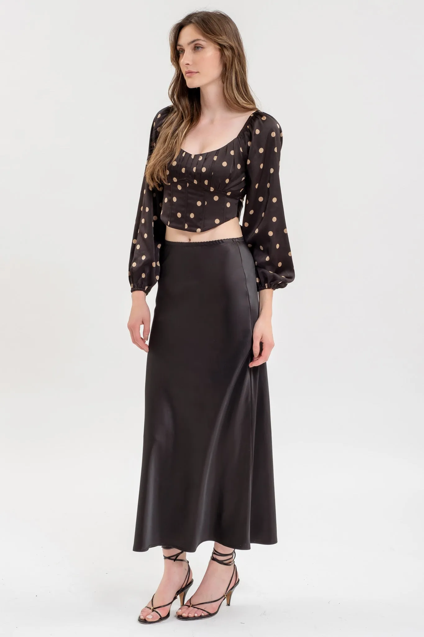 POLKA DOT LONG SLEEVE BACK TIE CORSET CROP TOP