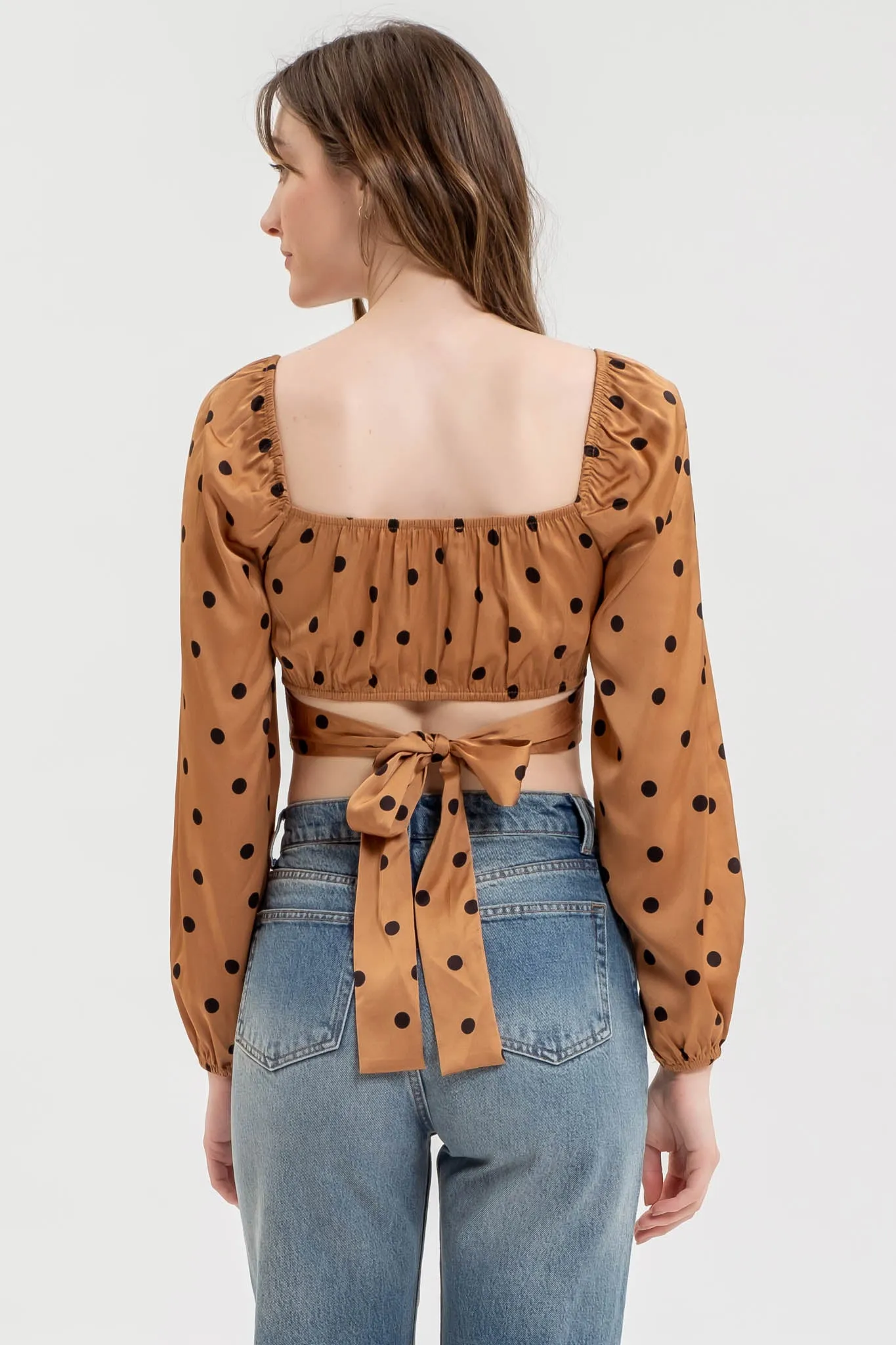 POLKA DOT LONG SLEEVE BACK TIE CORSET CROP TOP