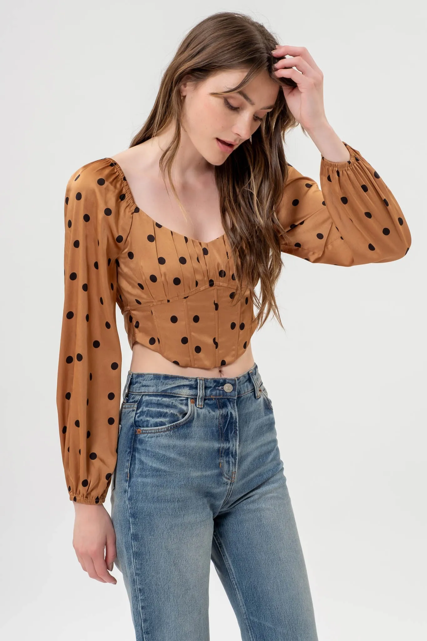 POLKA DOT LONG SLEEVE BACK TIE CORSET CROP TOP