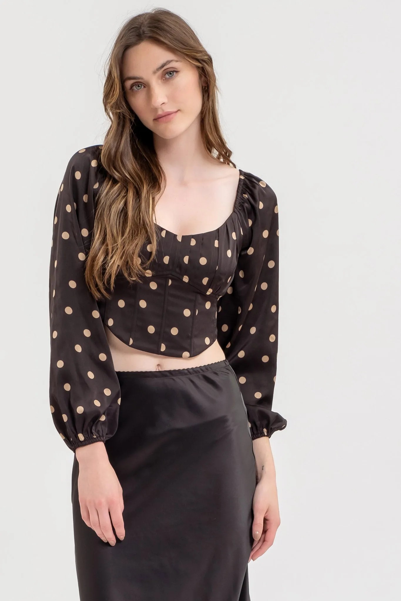 POLKA DOT LONG SLEEVE BACK TIE CORSET CROP TOP