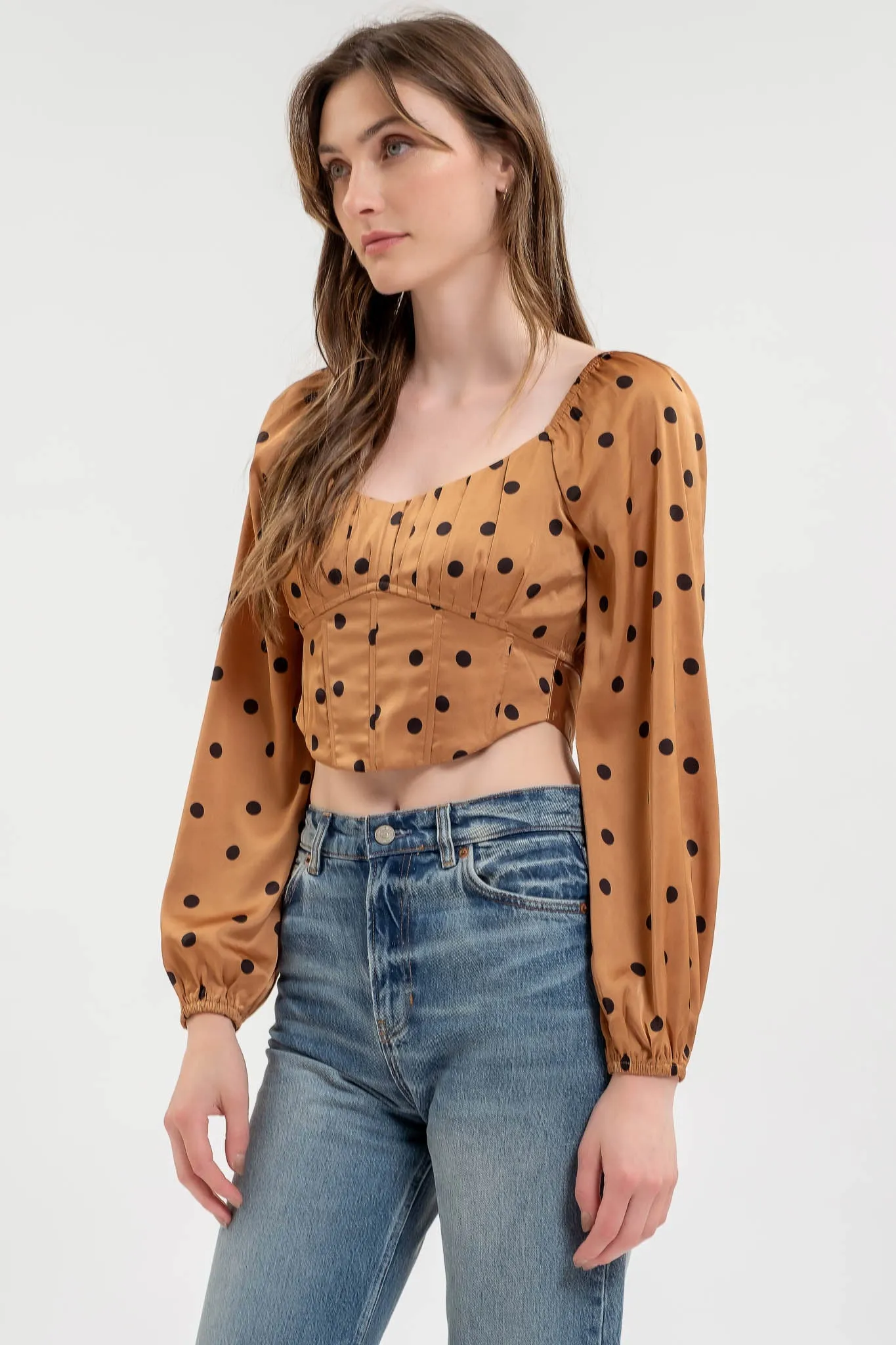 POLKA DOT LONG SLEEVE BACK TIE CORSET CROP TOP