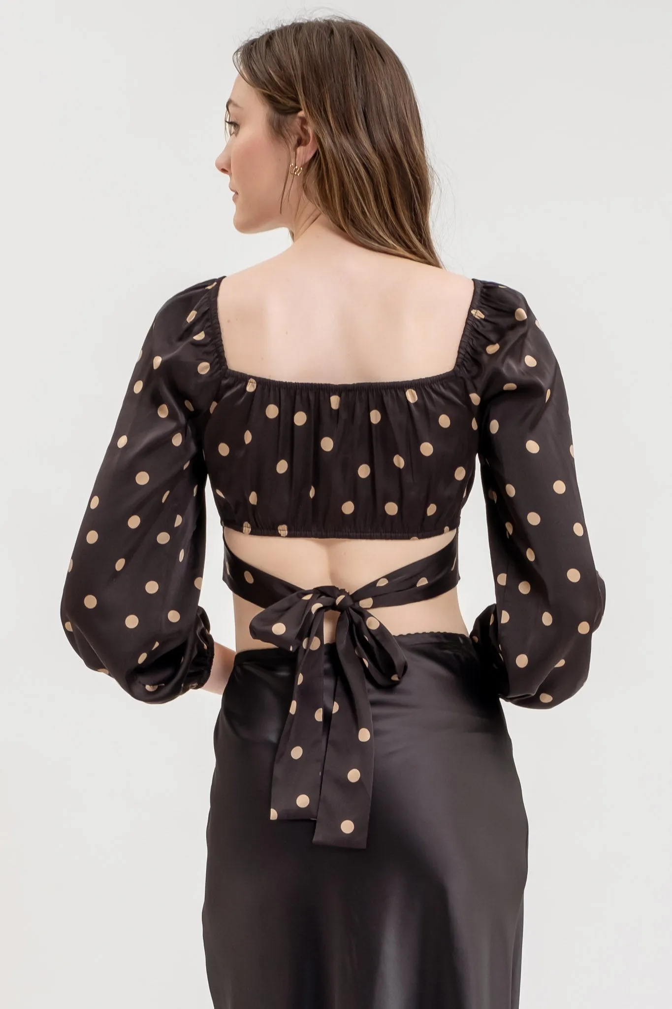 POLKA DOT LONG SLEEVE BACK TIE CORSET CROP TOP