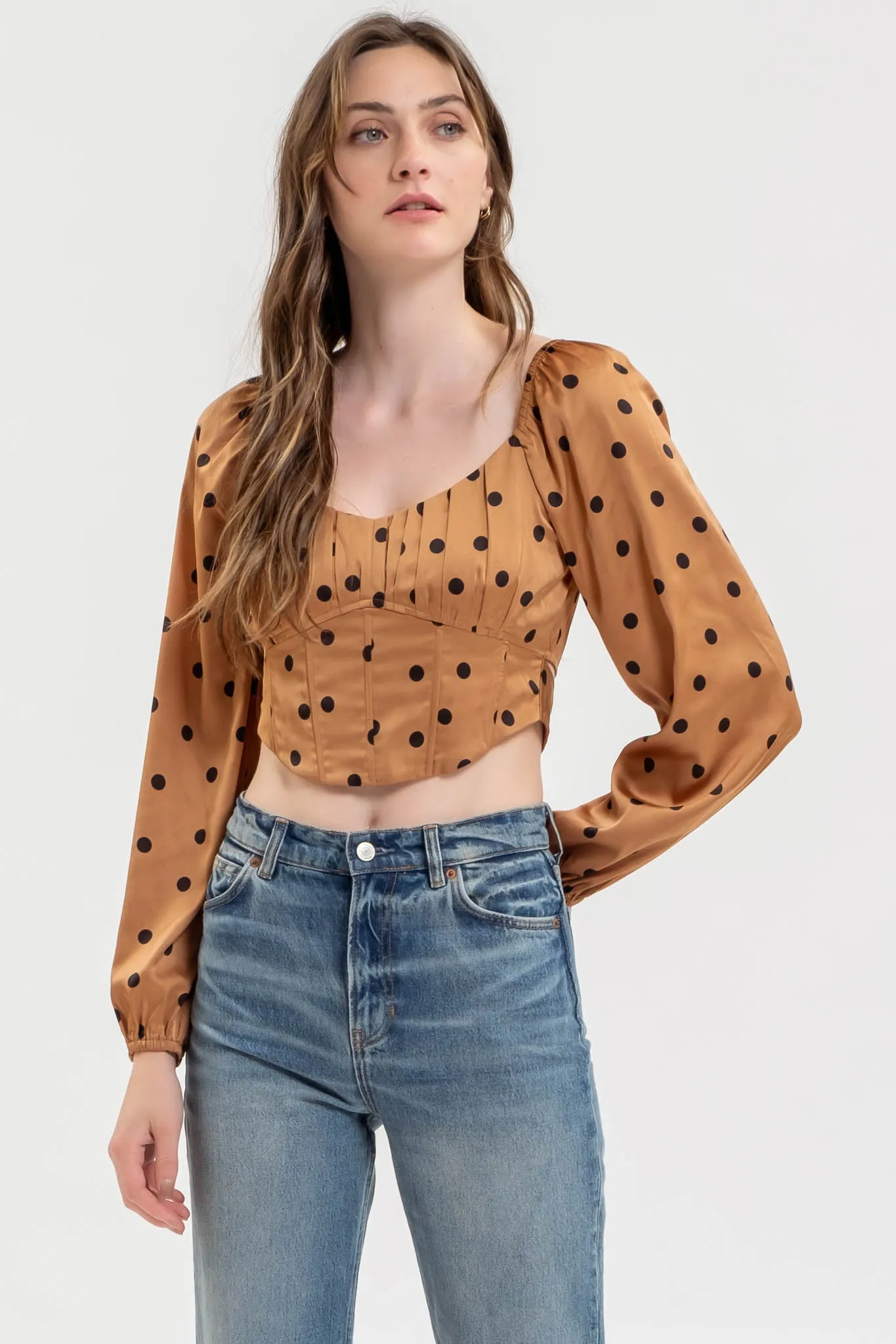 POLKA DOT LONG SLEEVE BACK TIE CORSET CROP TOP