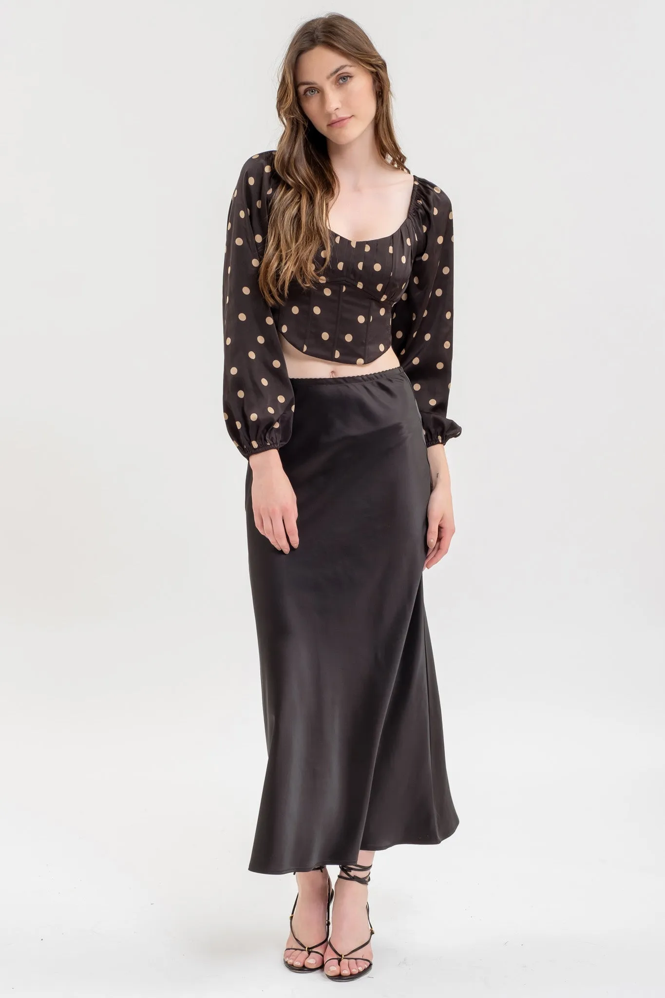 POLKA DOT LONG SLEEVE BACK TIE CORSET CROP TOP