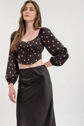 POLKA DOT LONG SLEEVE BACK TIE CORSET CROP TOP