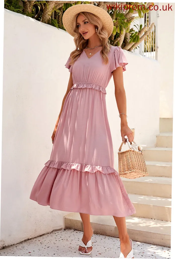 Polyester Fabric A-Line Silhouette Length Neckline V-neck Straps Tea-Length Aracely Bridesmaid Dresses