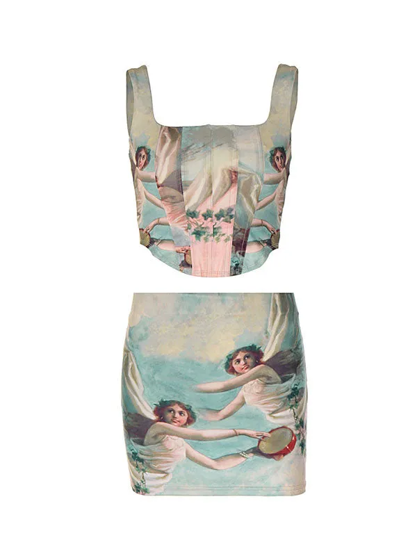 Portrait Print Slim Fishbone Tank Top and Skirt Two-Piece Set