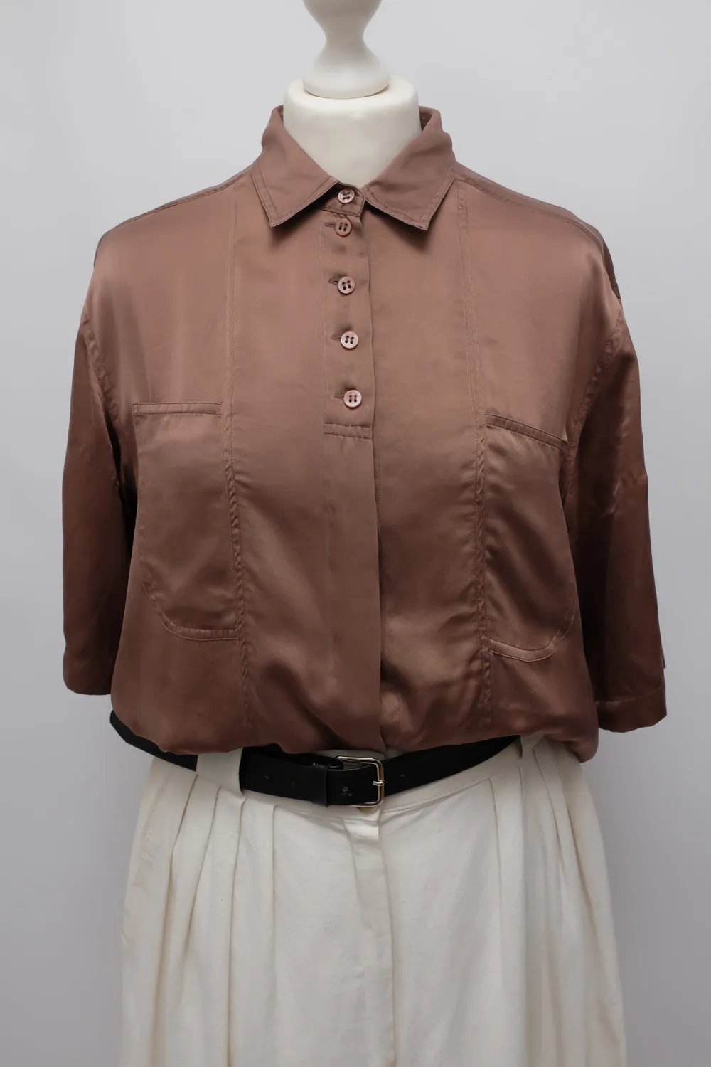 PURE SATIN SILK SHORT ARM BROWN SHIRT