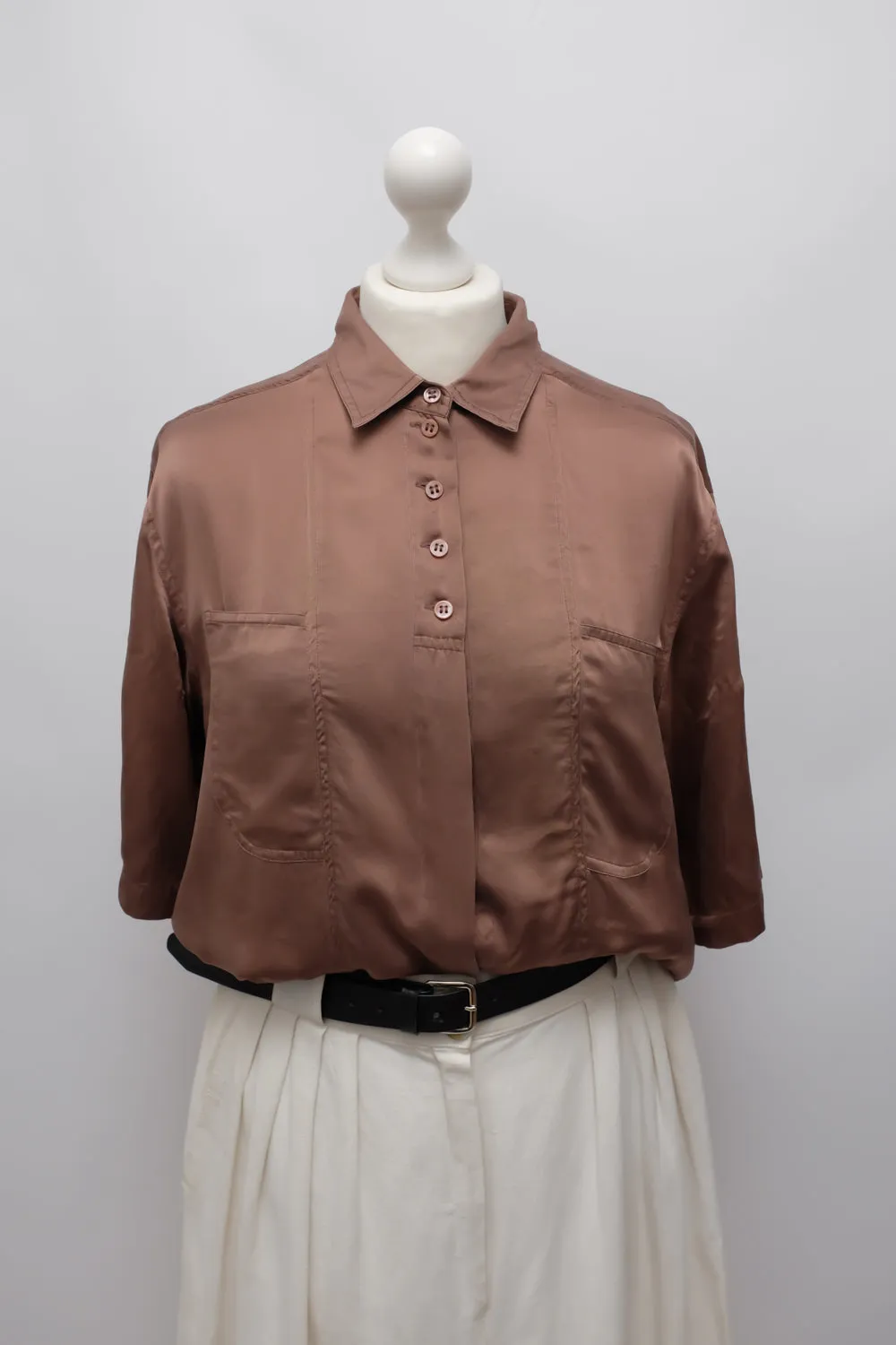 PURE SATIN SILK SHORT ARM BROWN SHIRT