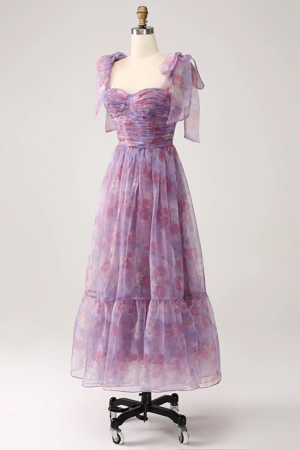 Purple Printed A Line Pleated Tea Length Dress