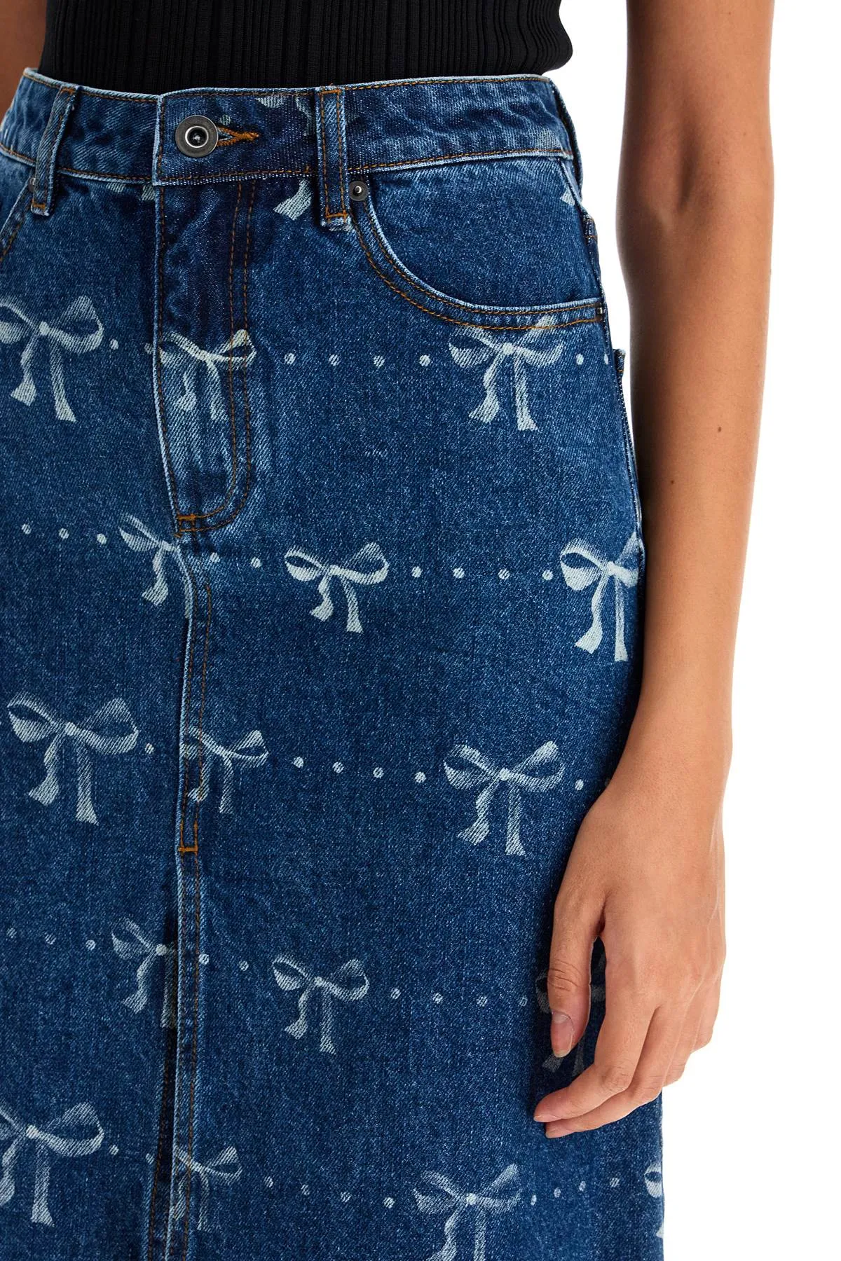 "denim skirt with bow print