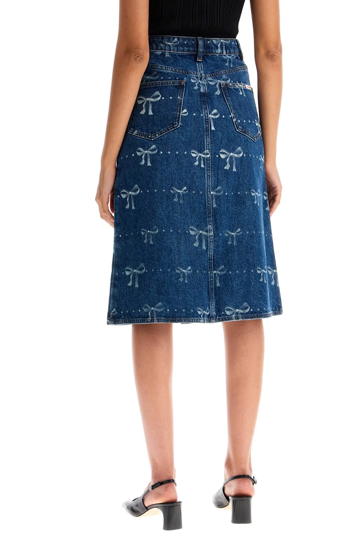 "denim skirt with bow print