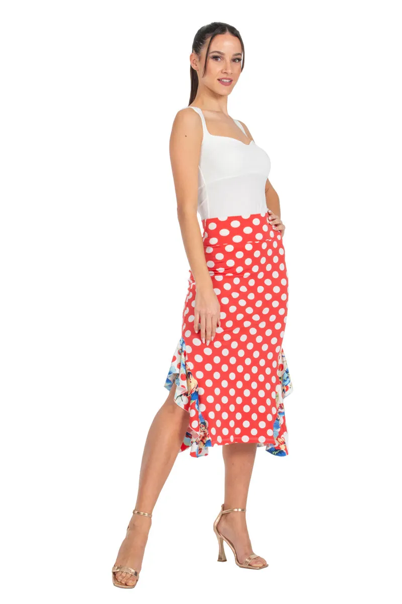 Red Polka-Dot Bodycon Midi Dance Skirt With Side Ruffles