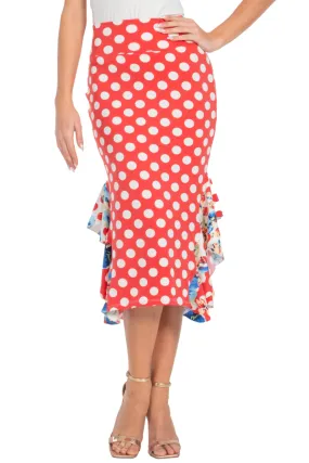 Red Polka-Dot Bodycon Midi Dance Skirt With Side Ruffles