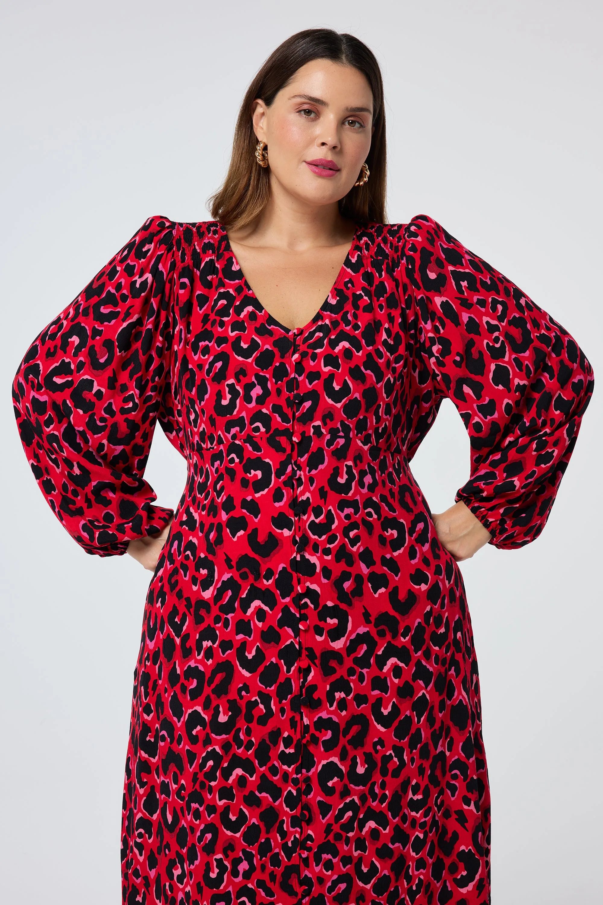 Red with Pink and Black Pop Leopard Blouson Sleeve Midi Tea Dress