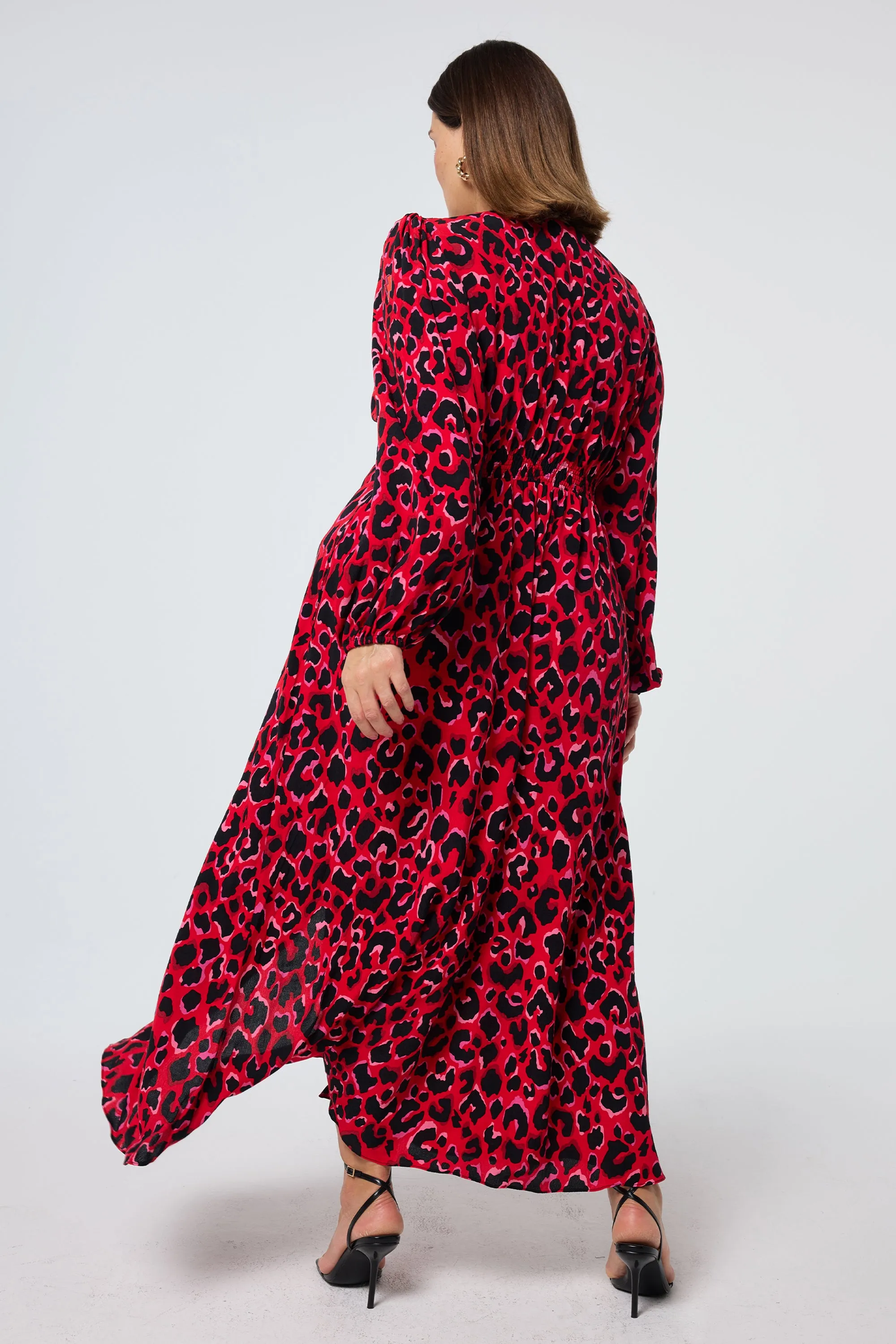 Red with Pink and Black Pop Leopard Blouson Sleeve Midi Tea Dress