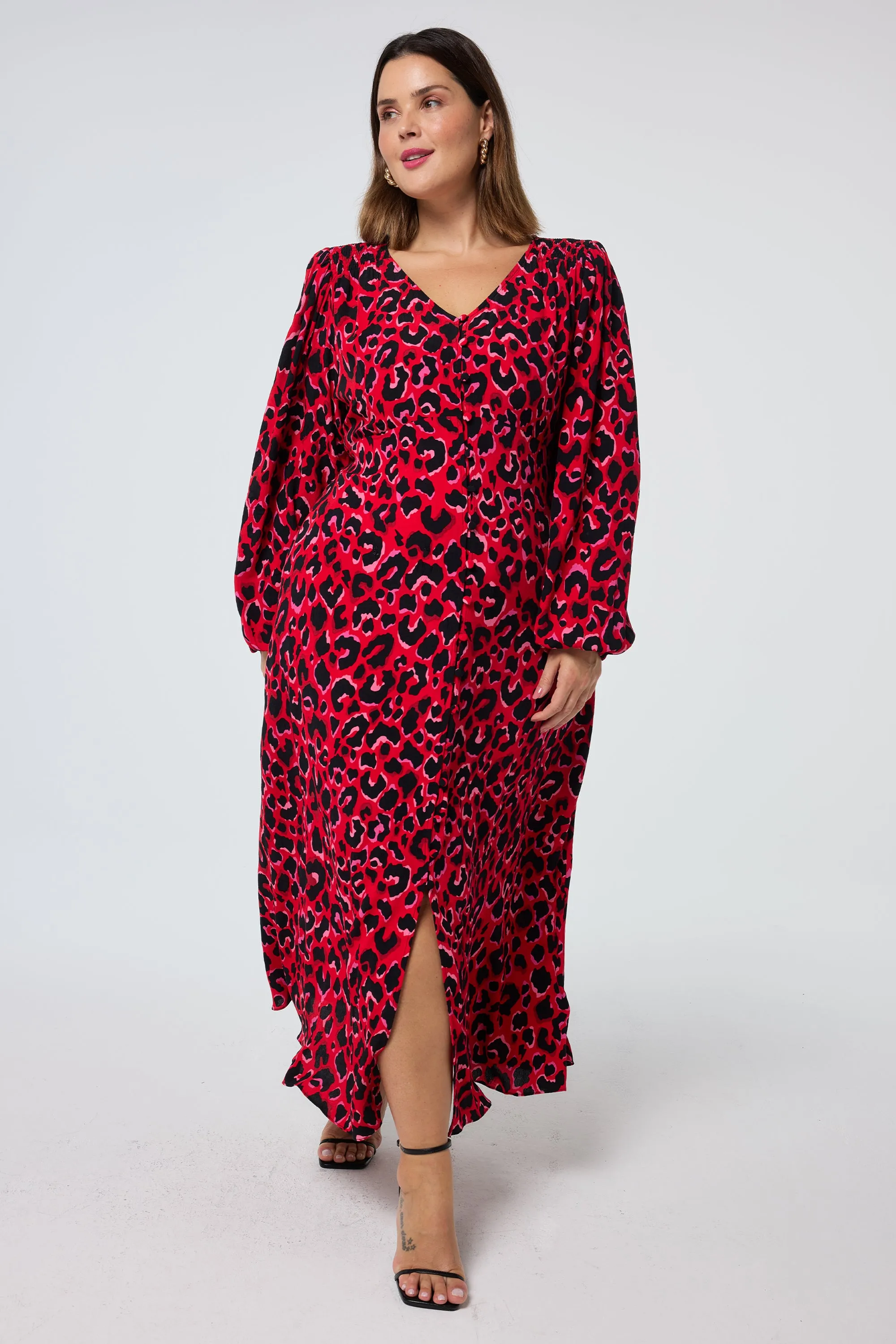 Red with Pink and Black Pop Leopard Blouson Sleeve Midi Tea Dress