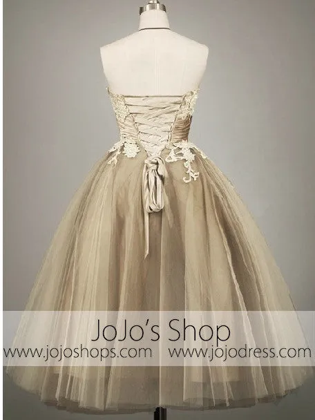 Retro 50s Tea Length Strapless Lace Tulle Formal Prom Dress