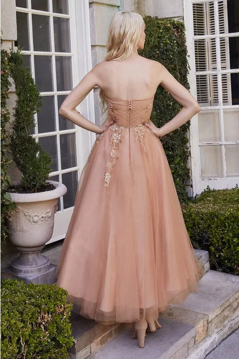 Rose Gold Strapless Tulle Tea Length Dress