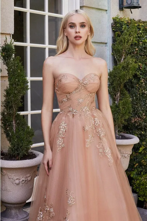 Rose Gold Strapless Tulle Tea Length Dress