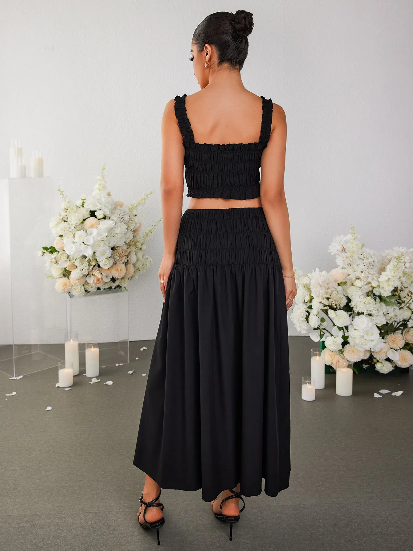 Ruched Backless Crop Top&Ruffle Flared Hem Skirt