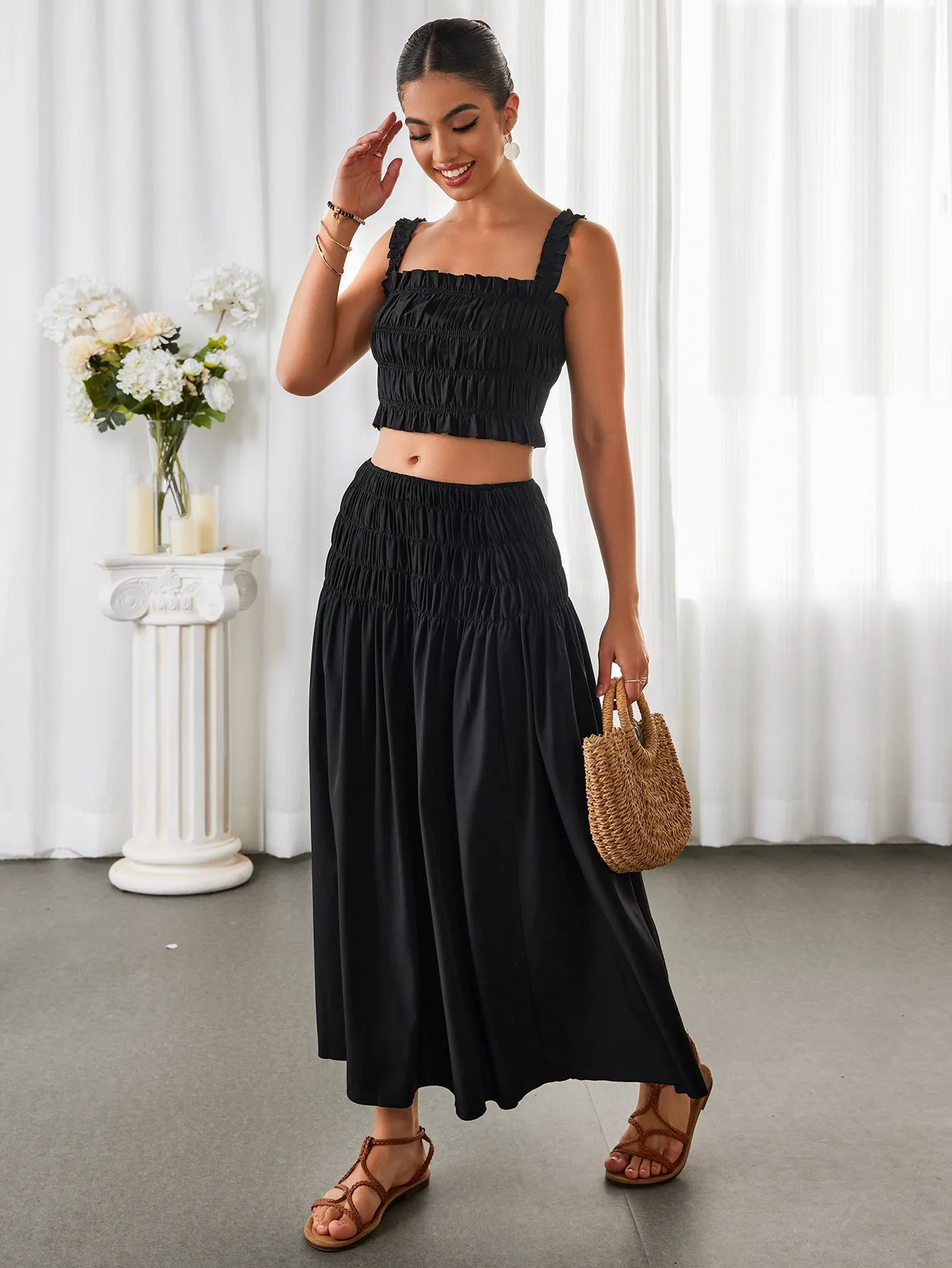 Ruched Backless Crop Top&Ruffle Flared Hem Skirt