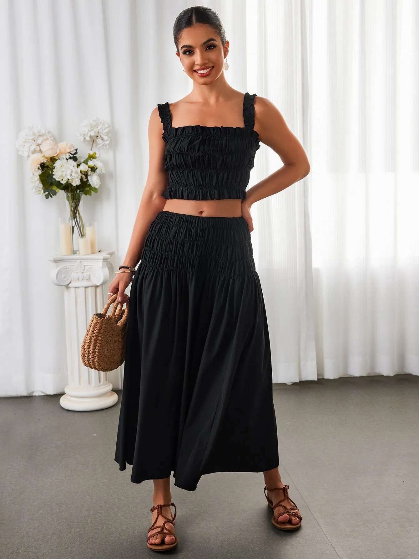 Ruched Backless Crop Top&Ruffle Flared Hem Skirt