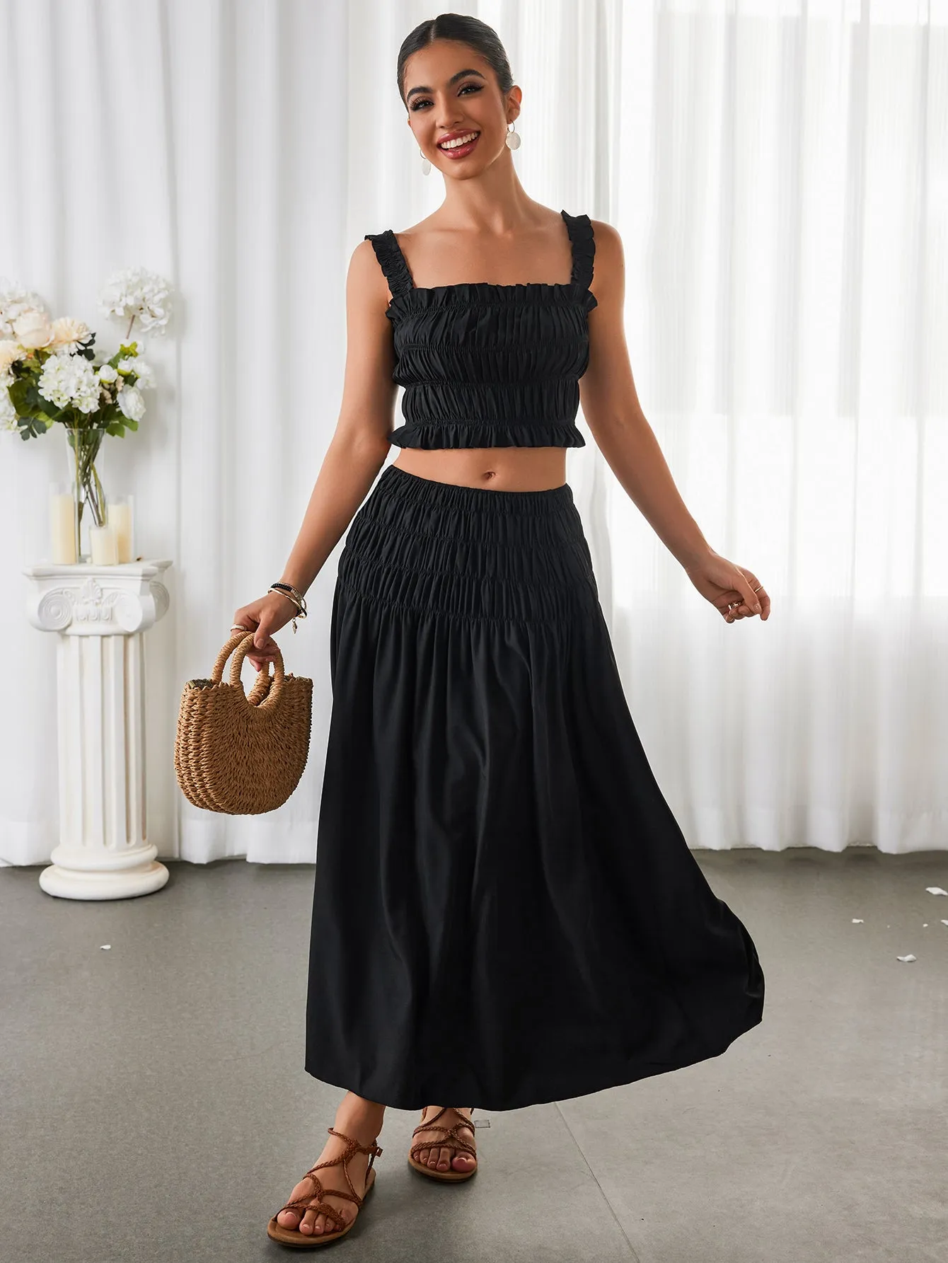 Ruched Backless Crop Top&Ruffle Flared Hem Skirt