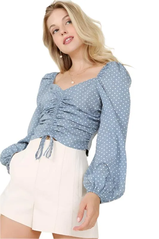 Ruched Polka Dot Crop Top With Puff Sleeves