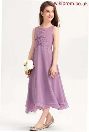 Ruffle Junior Bridesmaid Dresses Scoop A-Line With Joanna Chiffon Tea-Length Neck