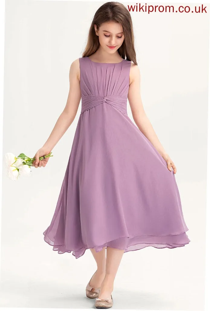 Ruffle Junior Bridesmaid Dresses Scoop A-Line With Joanna Chiffon Tea-Length Neck