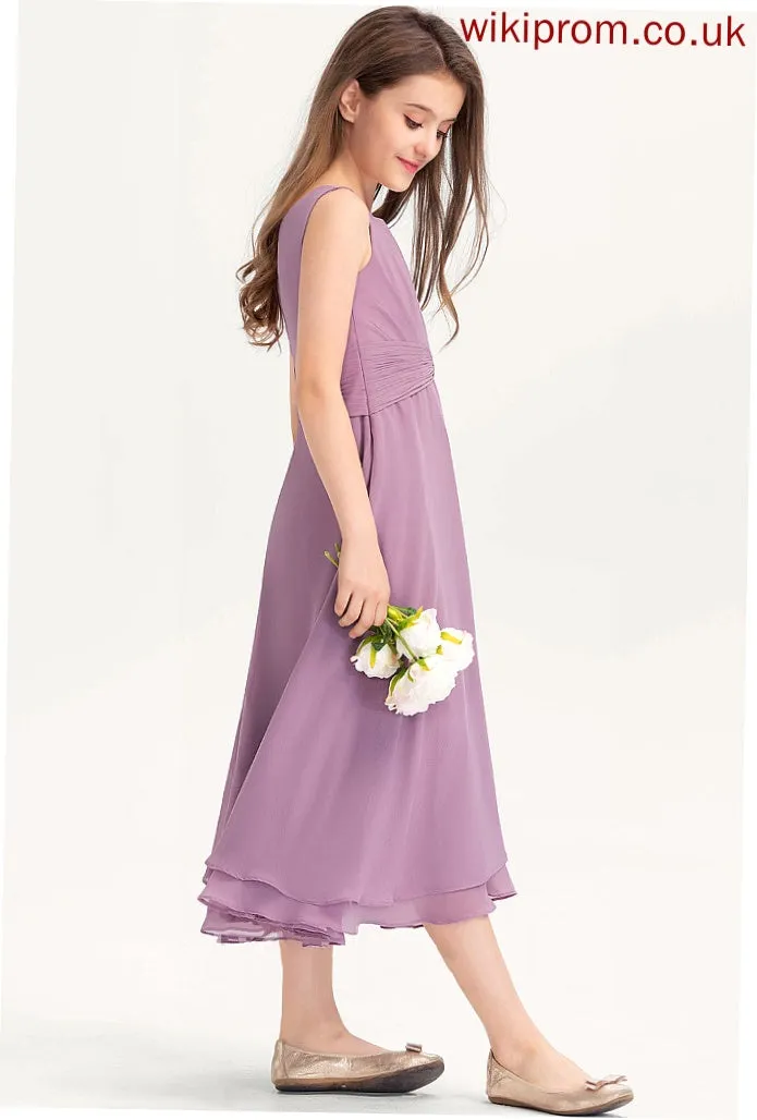 Ruffle Junior Bridesmaid Dresses Scoop A-Line With Joanna Chiffon Tea-Length Neck